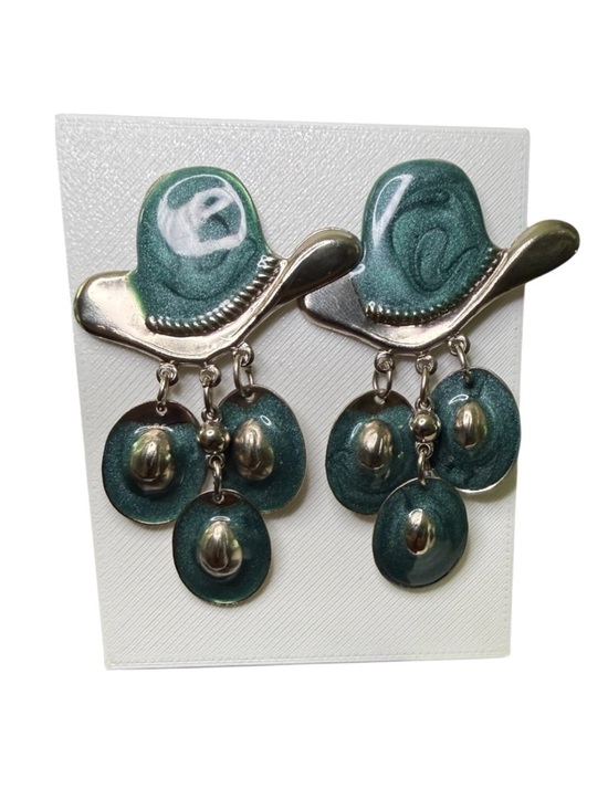 Source Unknown Jewelry - Vintage Southwestern Cowboy Hat Dangle Earrings Teal Turquoise Glitter Enamel